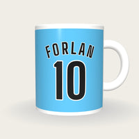 Personalised Sky Blue and Black Football Shirt Mug, front