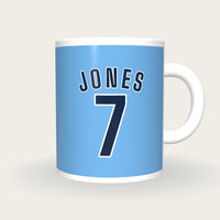 Personalised Sky Blue and Navy Football Shirt Mug, front