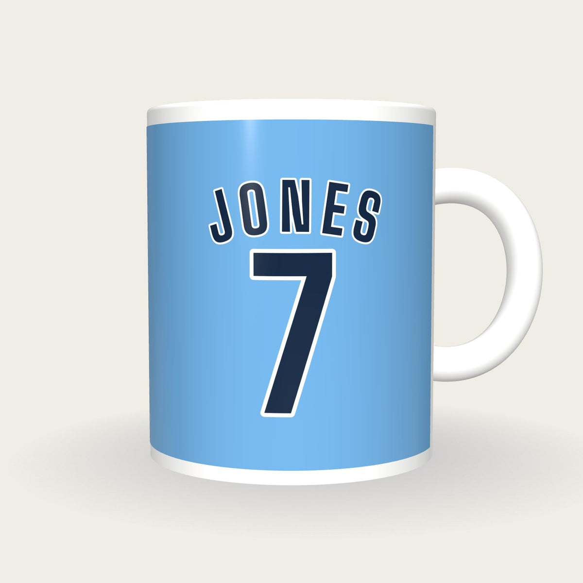 Personalised Sky Blue and Navy Football Shirt Mug, front