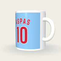 Personalised Sky Blue and Red Football Shirt Mug, three-quarter view