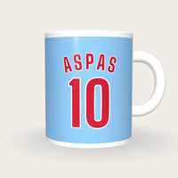 Personalised Sky Blue and Red Football Shirt Mug, front