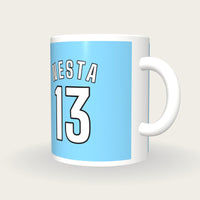 Personalised Sky Blue and White Football Shirt Mug, three-quarter view