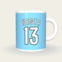 Personalised Sky Blue and White Football Shirt Mug, front