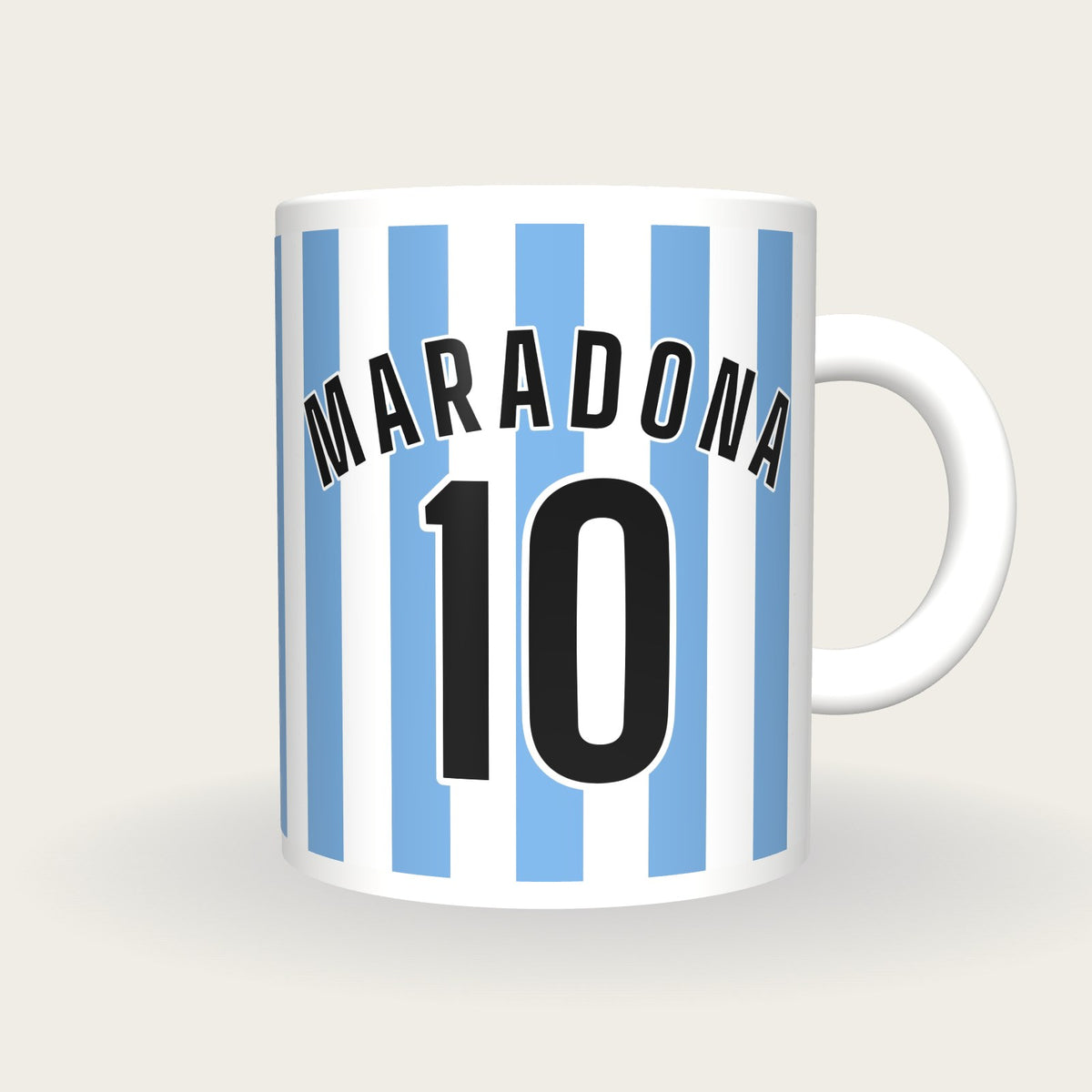 Personalised Sky Blue and White Stripes Football Shirt Mug, front