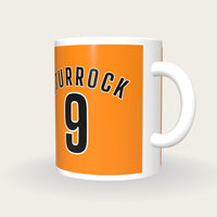 Personalised Tangerine and Black Football Shirt Mug, three-quarter view