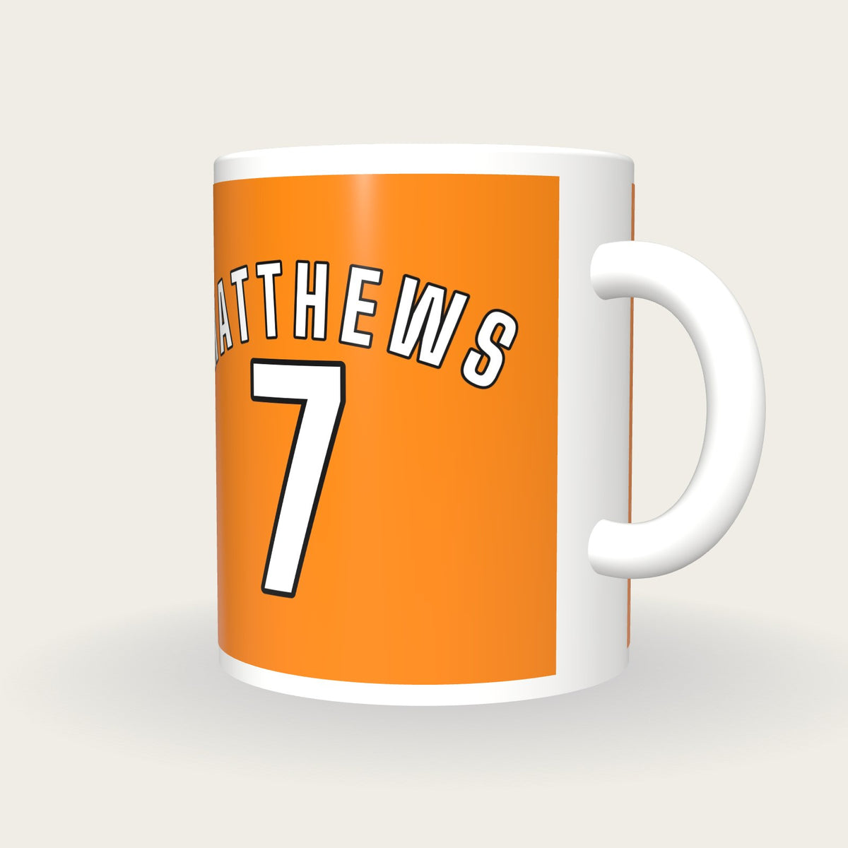 Personalised Tangerine and White Football Shirt Mug, three-quarter view