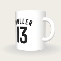 Personalised White and Black Football Shirt Mug, three-quarter view