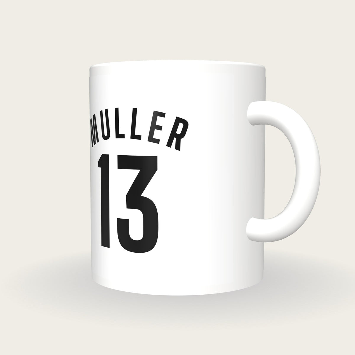 Personalised White and Black Football Shirt Mug, three-quarter view