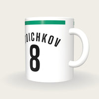 Personalised White and Green Football Shirt Mug, three-quarter view