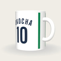 Personalised White with Green Sleeves Football Shirt Mug, three-quarter view