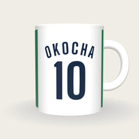 Personalised White with Green Sleeves Football Shirt Mug, front