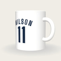 Personalised White and Navy Football Shirt Mug, three-quarter view