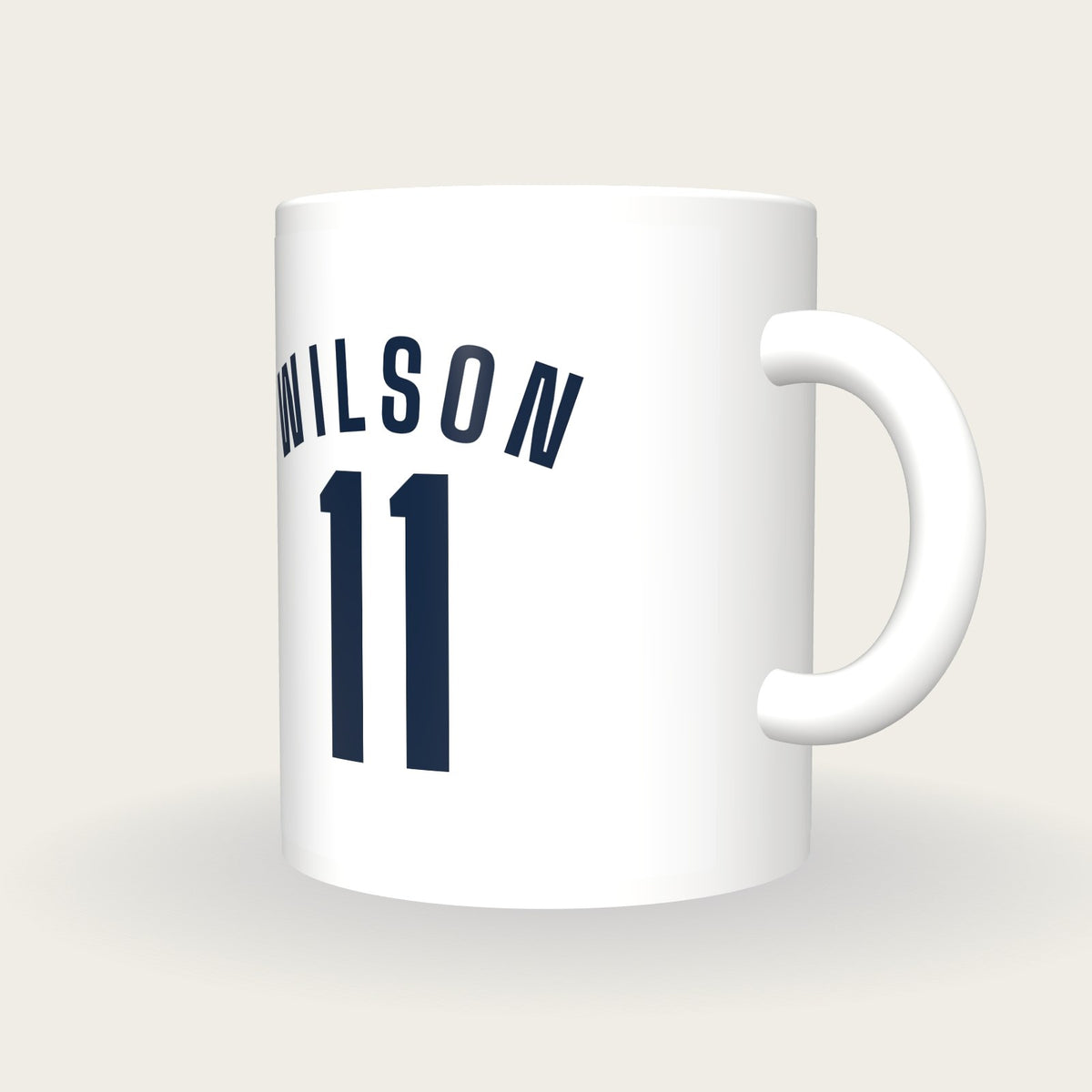Personalised White and Navy Football Shirt Mug, three-quarter view