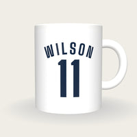 Personalised White and Navy Football Shirt Mug, front