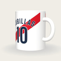 Personalised White with Scarlet Sash Football Shirt Mug, three-quarter view