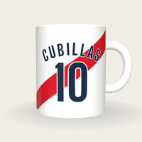 Personalised White with Scarlet Sash Football Shirt Mug, front