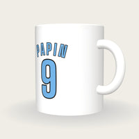 Personalised White and Sky Blue Football Shirt Mug, three-quarter view