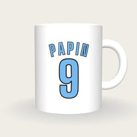 Personalised White and Sky Blue Football Shirt Mug, front