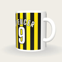 Personalised Yellow and Black Stripes Football Shirt Mug, three-quarter view