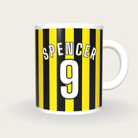 Personalised Yellow and Black Stripes Football Shirt Mug, front