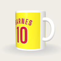 Personalised Yellow and Red Football Shirt Mug, three-quarter view