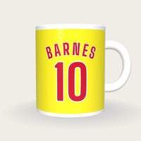 Personalised Yellow and Red Football Shirt Mug, front