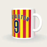 Personalised Yellow and Red Stripes Football Shirt Mug, three-quarter view