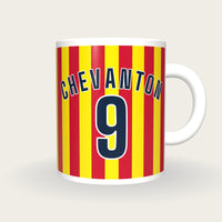 Personalised Yellow and Red Stripes Football Shirt Mug, front