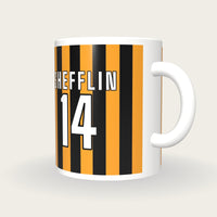 Personalised Black and Amber Stripes GAA Jersey Mug, three-quarter view