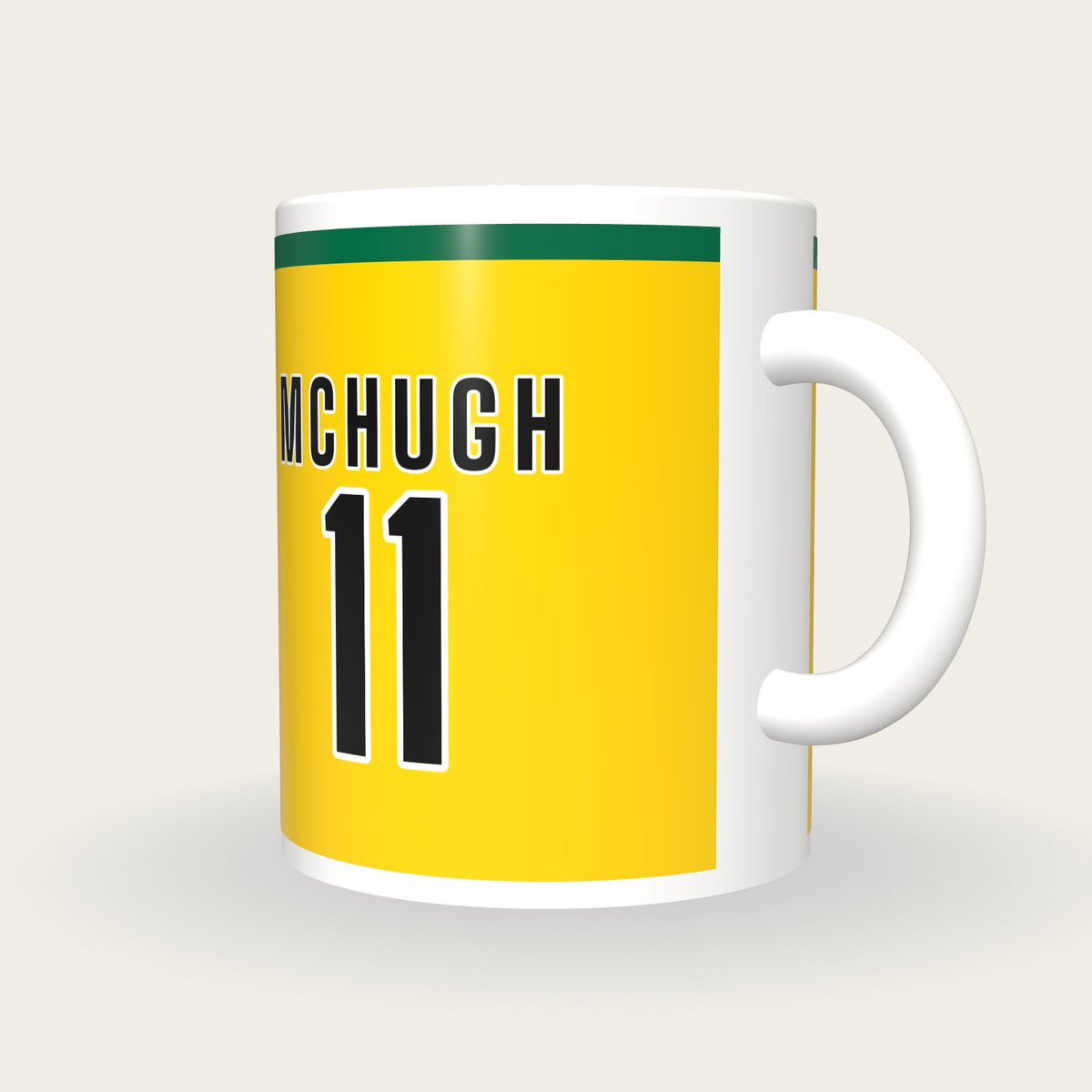Personalised Gold and Green GAA Jersey Mug, three-quarter view