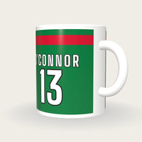 Personalised Green with Red Hoop GAA Jersey Mug, three-quarter view