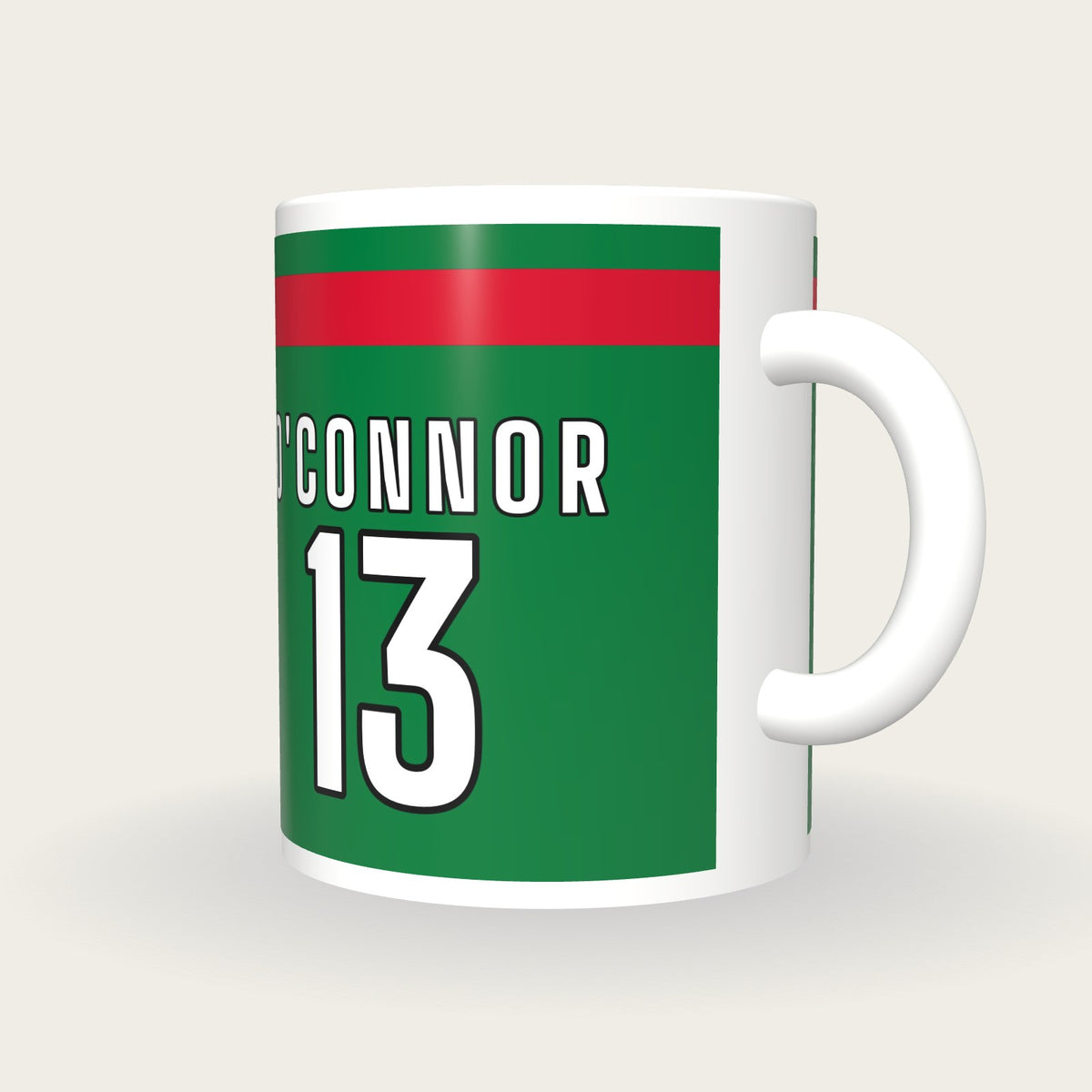 Personalised Green with Red Hoop GAA Jersey Mug, three-quarter view
