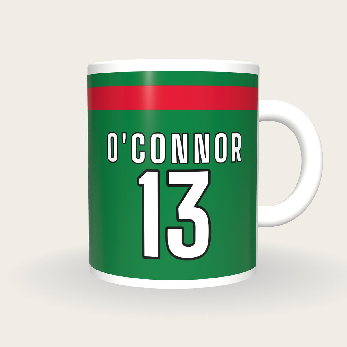 Personalised Green with Red Hoop GAA Jersey Mug, front