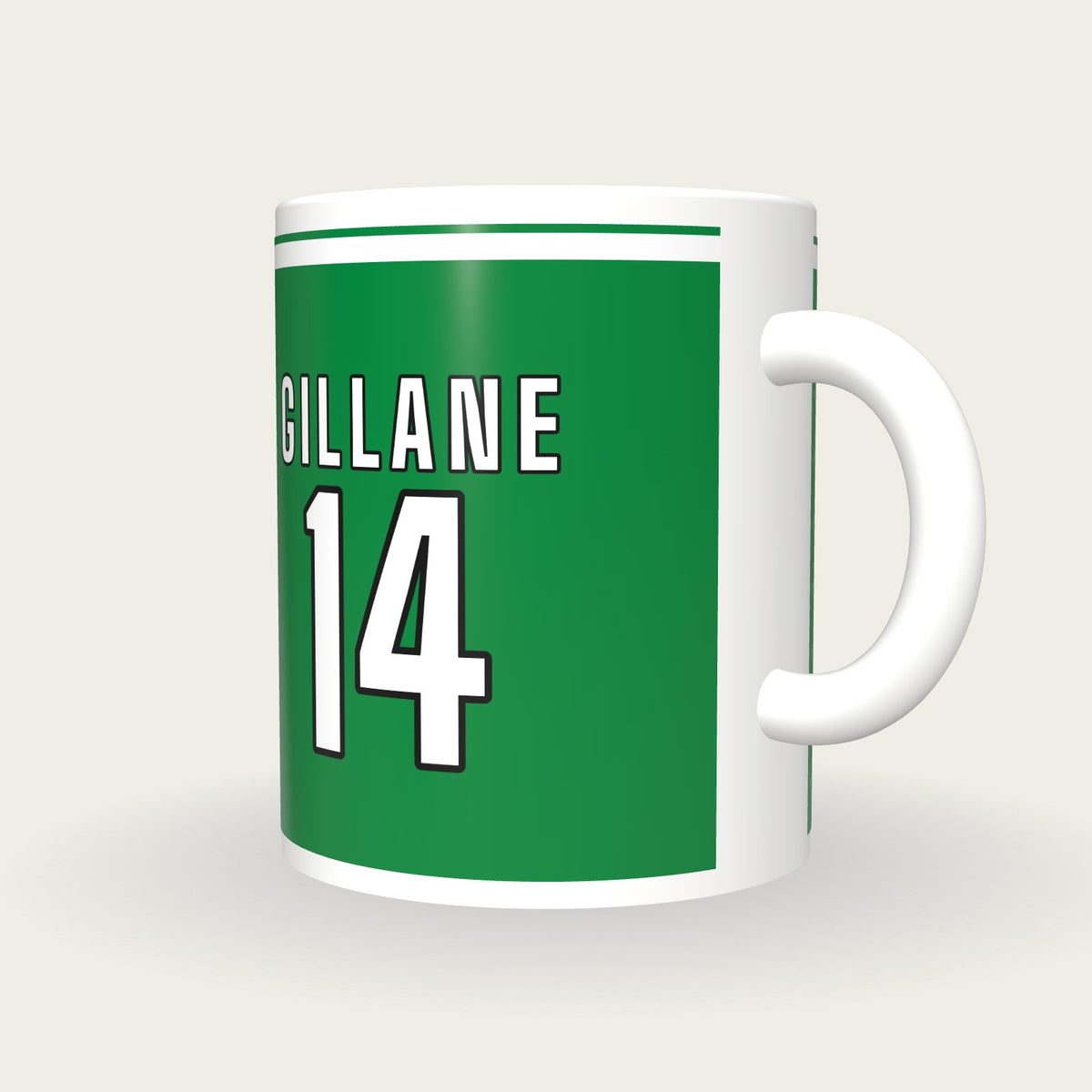 Personalised Green and White GAA Jersey Mug, three-quarter view
