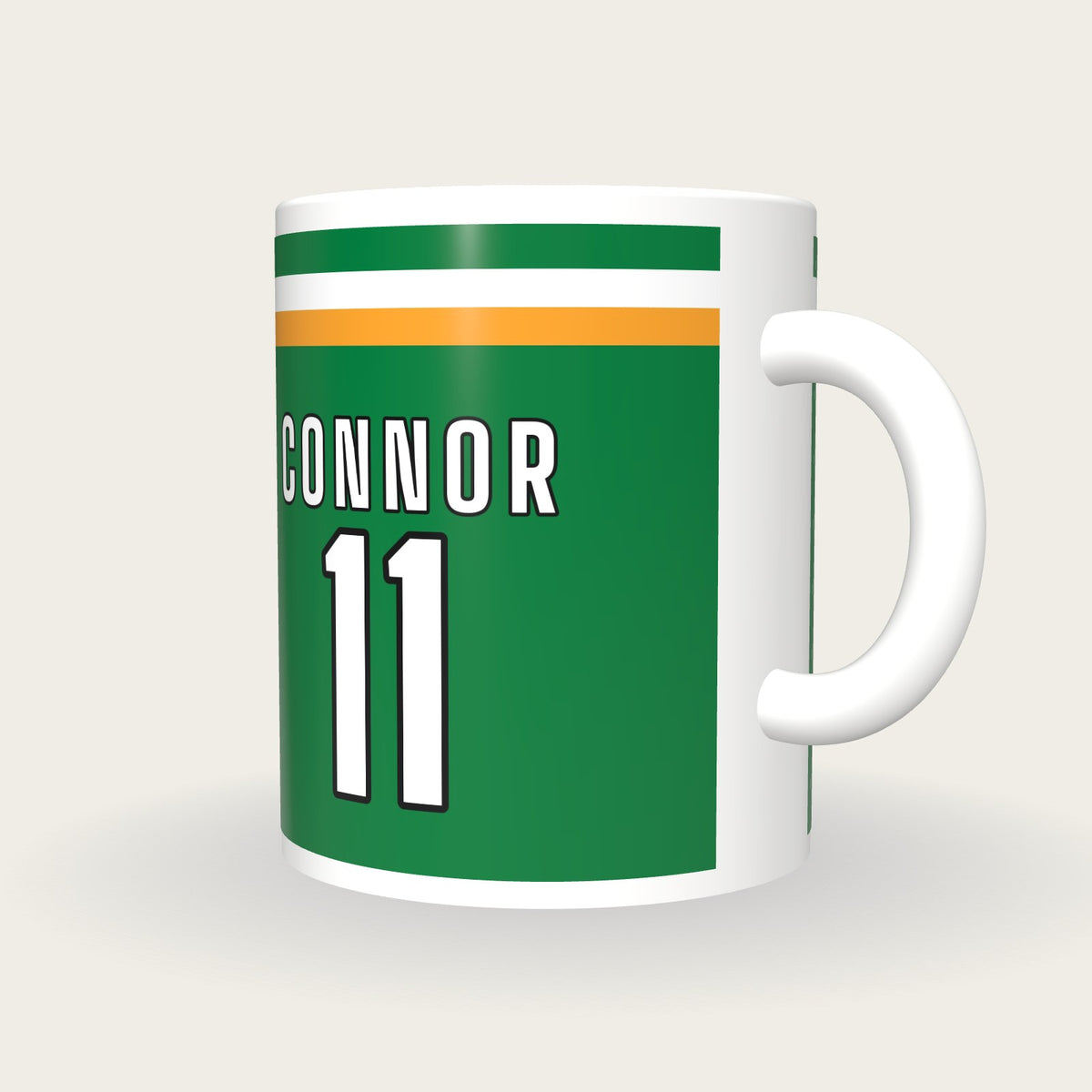 Personalised Green, White and Gold GAA Jersey Mug, three-quarter view