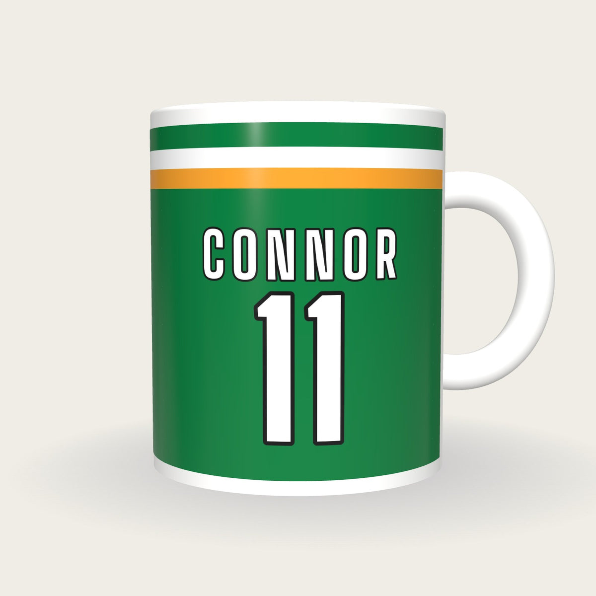 Personalised Green, White and Gold GAA Jersey Mug, front