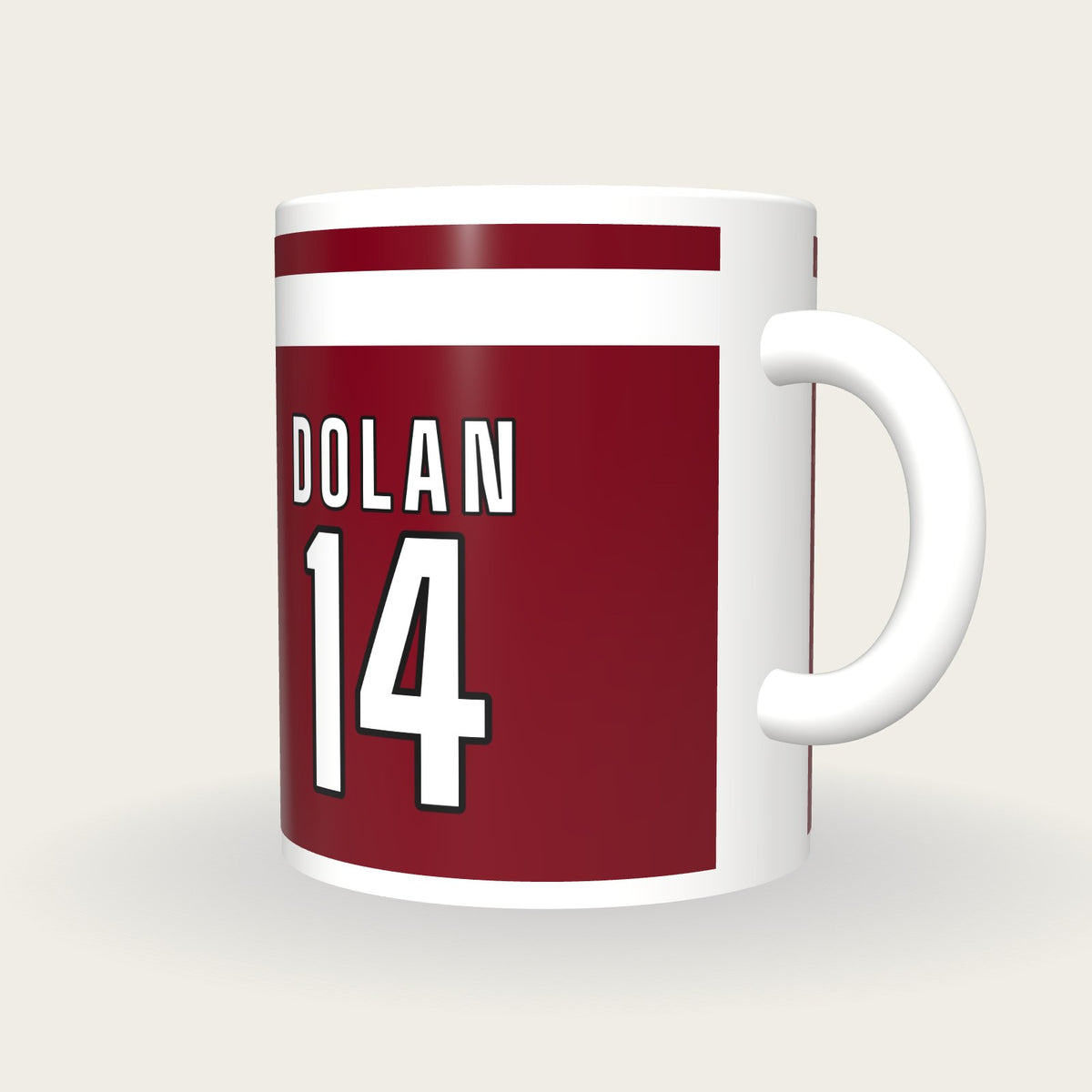 Personalised Maroon with White Hoop GAA Jersey Mug, three-quarter view