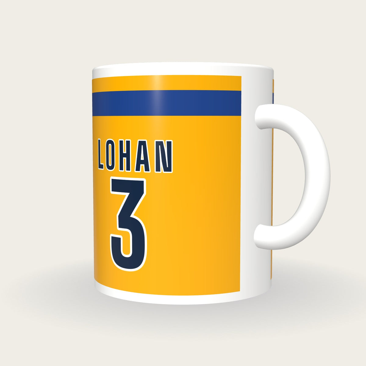 Personalised Saffron with Blue Hoop GAA Jersey Mug, three-quarter view