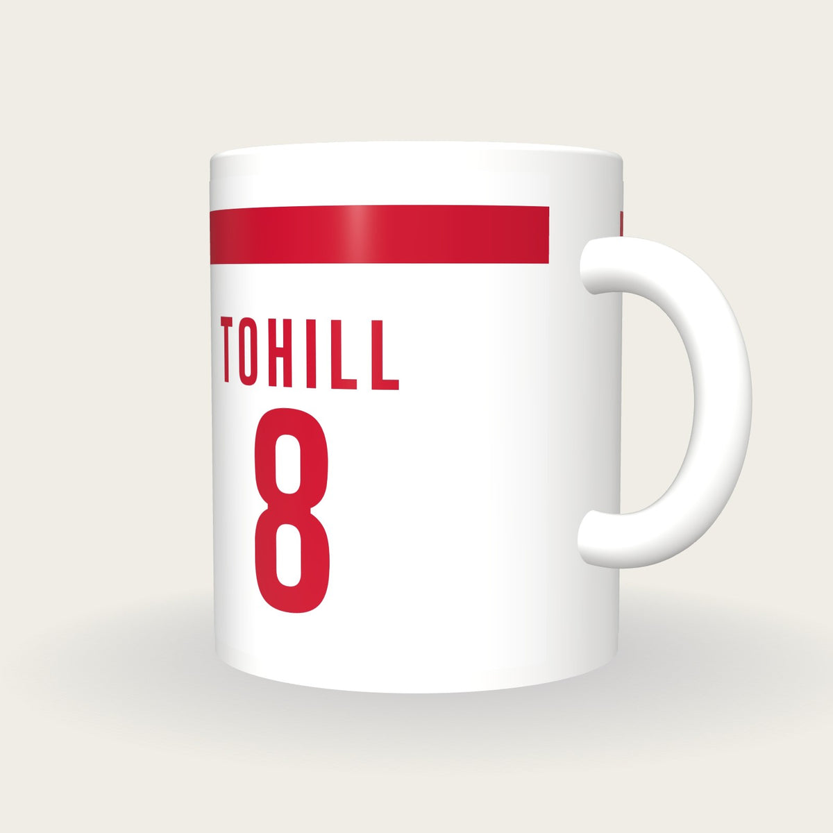 Personalised White with Red Hoop GAA Jersey Mug, three-quarter view