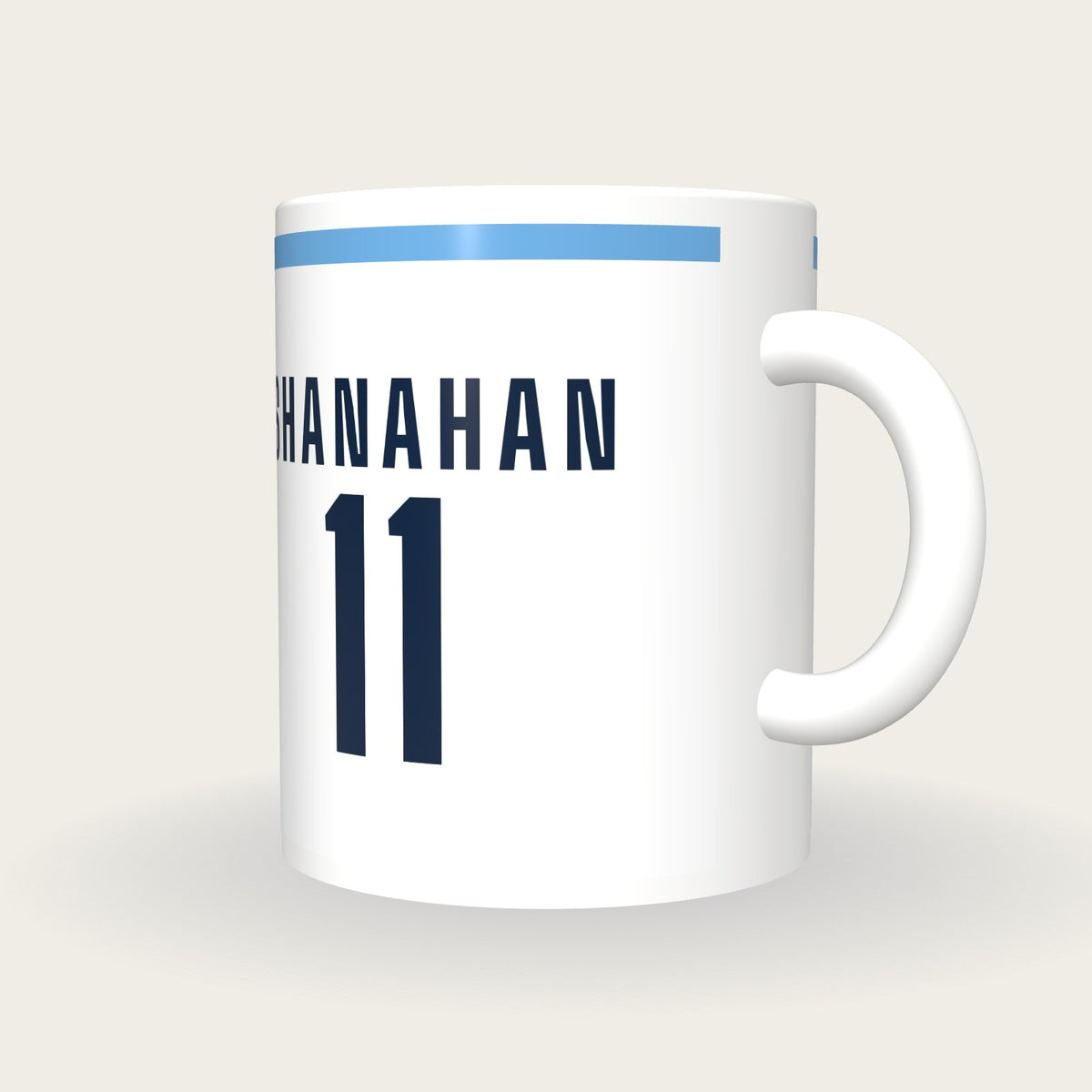Personalised White and Sky Blue GAA Jersey Mug, three-quarter view