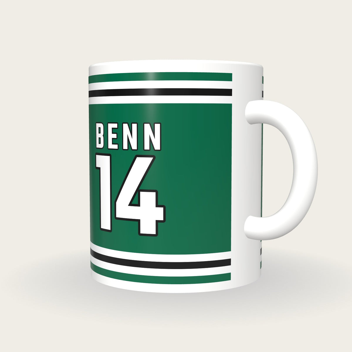 Personalised Green and White Ice Hockey Jersey Mug, three-quarter view