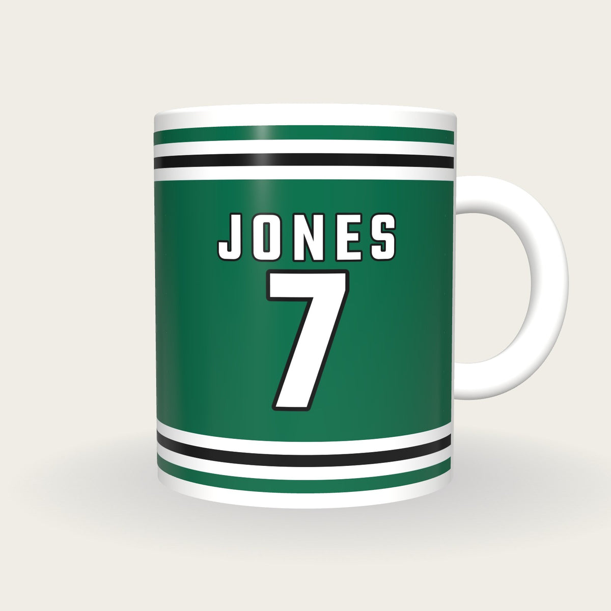 Personalised Green and White Ice Hockey Jersey Mug, front