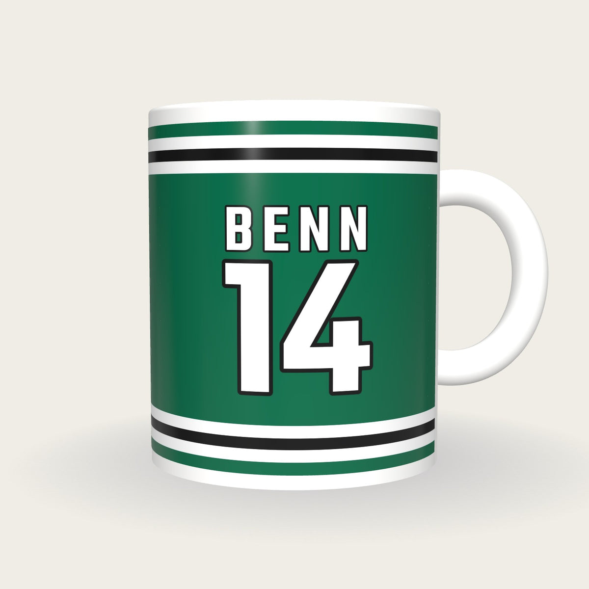 Personalised Green and White Ice Hockey Jersey Mug, front