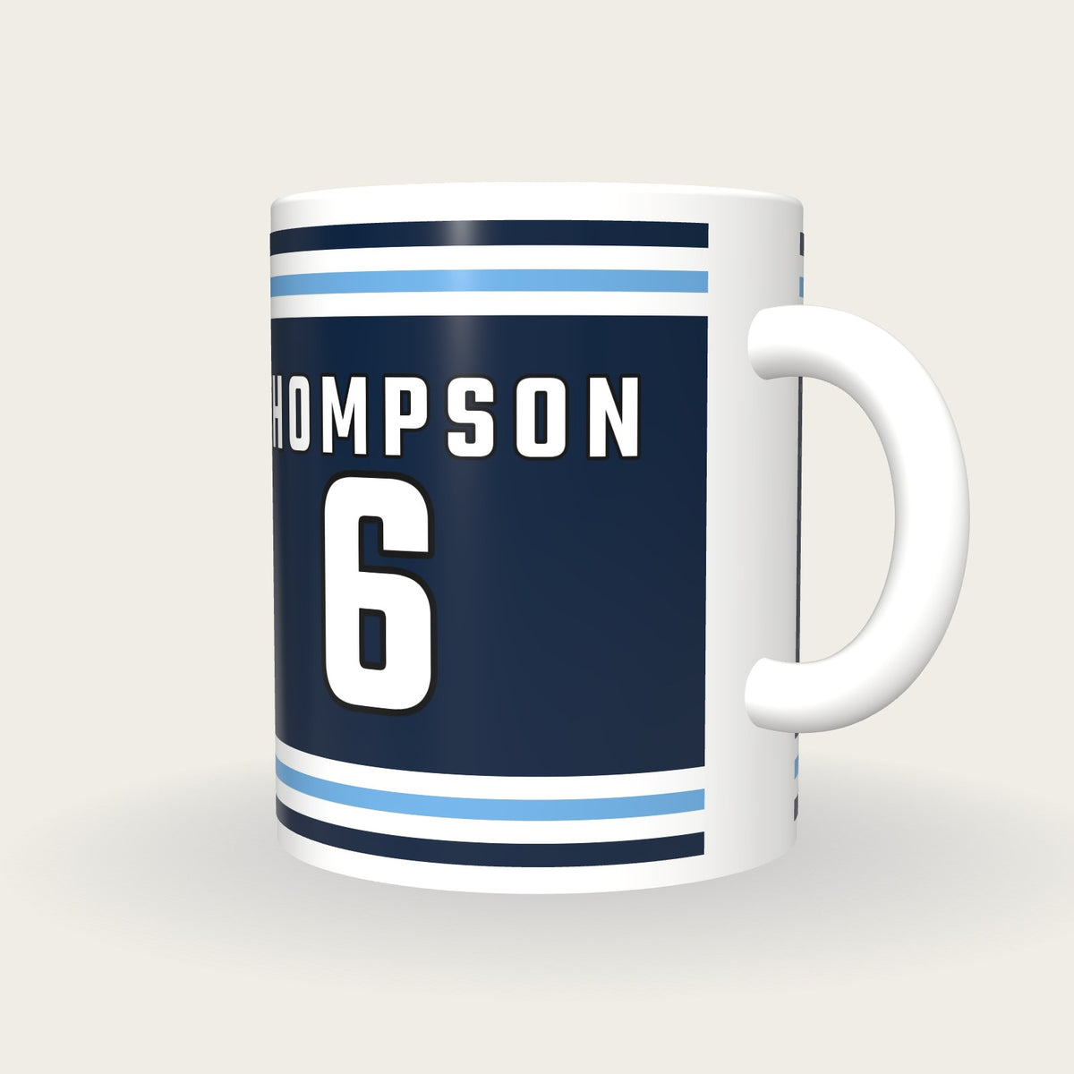 Personalised Navy and Light Blue Ice Hockey Jersey Mug, three-quarter view