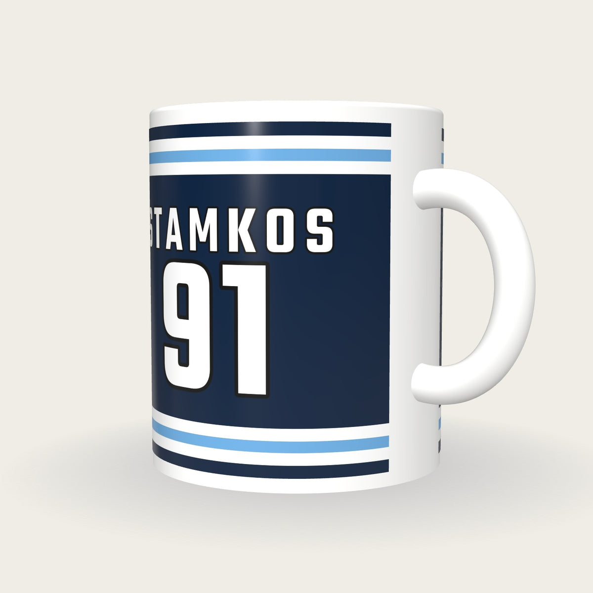 Personalised Navy and Light Blue Ice Hockey Jersey Mug, three-quarter view
