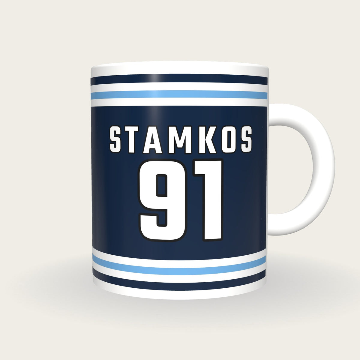 Personalised Navy and Light Blue Ice Hockey Jersey Mug, front