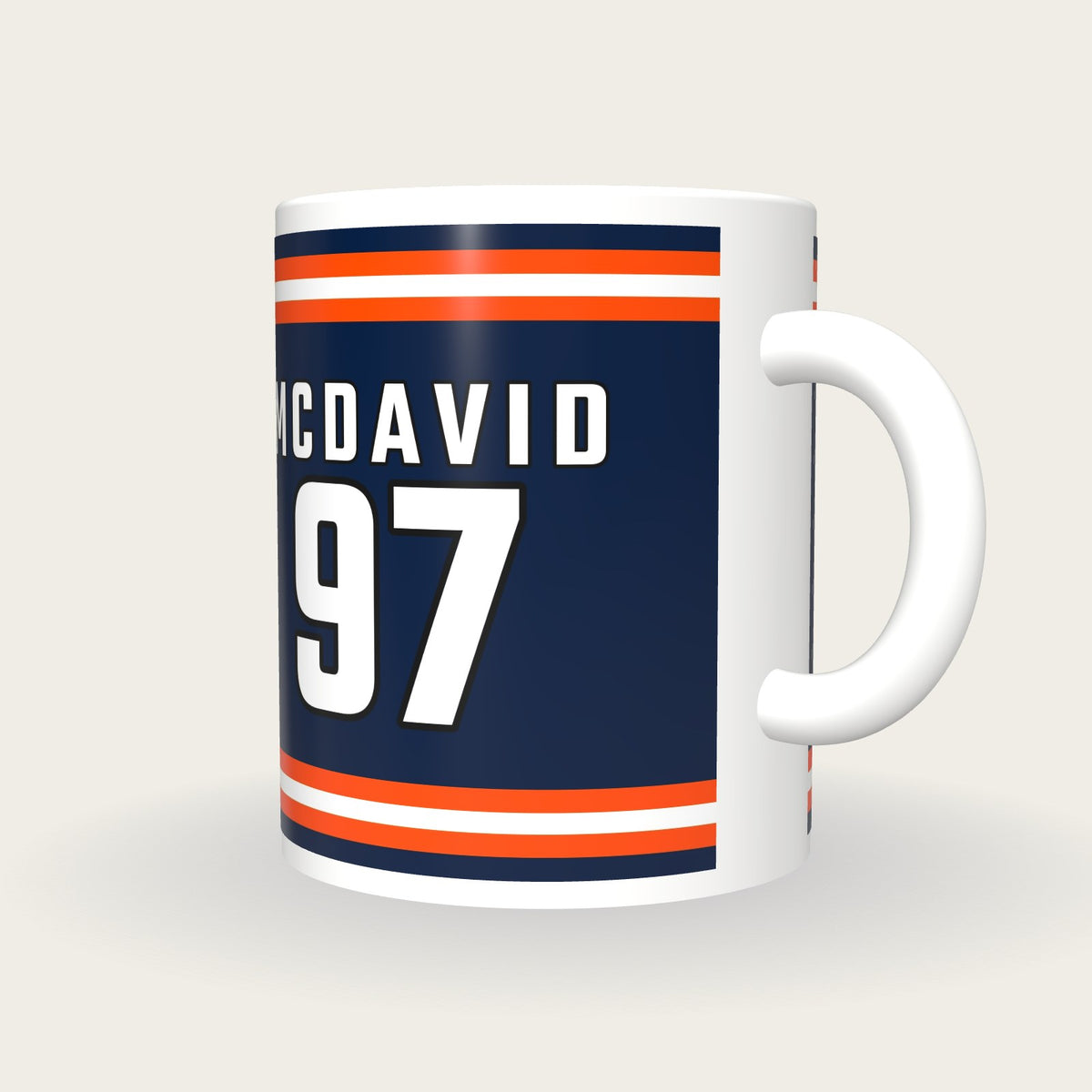 Personalised Navy and Orange Ice Hockey Jersey Mug, three-quarter view