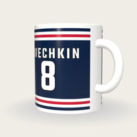 Personalised Navy and Red Ice Hockey Jersey Mug, three-quarter view