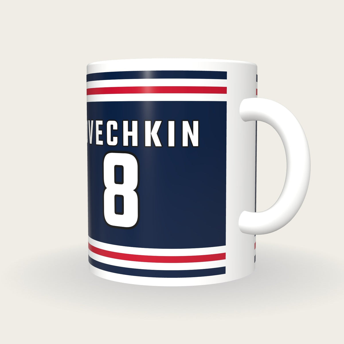 Personalised Navy and Red Ice Hockey Jersey Mug, three-quarter view