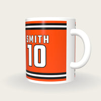 Personalised Orange and Black Ice Hockey Jersey Mug, three-quarter view